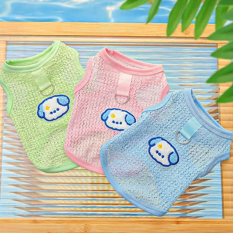 

Pink Mesh Dog Clothes Teddy Cartoon Pullover Puppy Sunscreen Short Sleeve Summer Cute Hollow Out Breathable Pet Vest