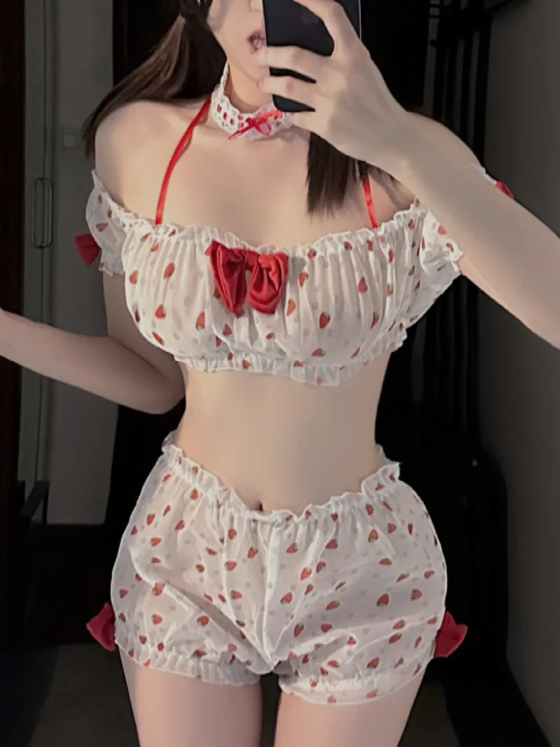 

Новый сексуальный клубничный дизайн милый стиль летние шорты комплект эротический прозрачный очаровательный топ с открытыми плечами Романтический элегантный топ