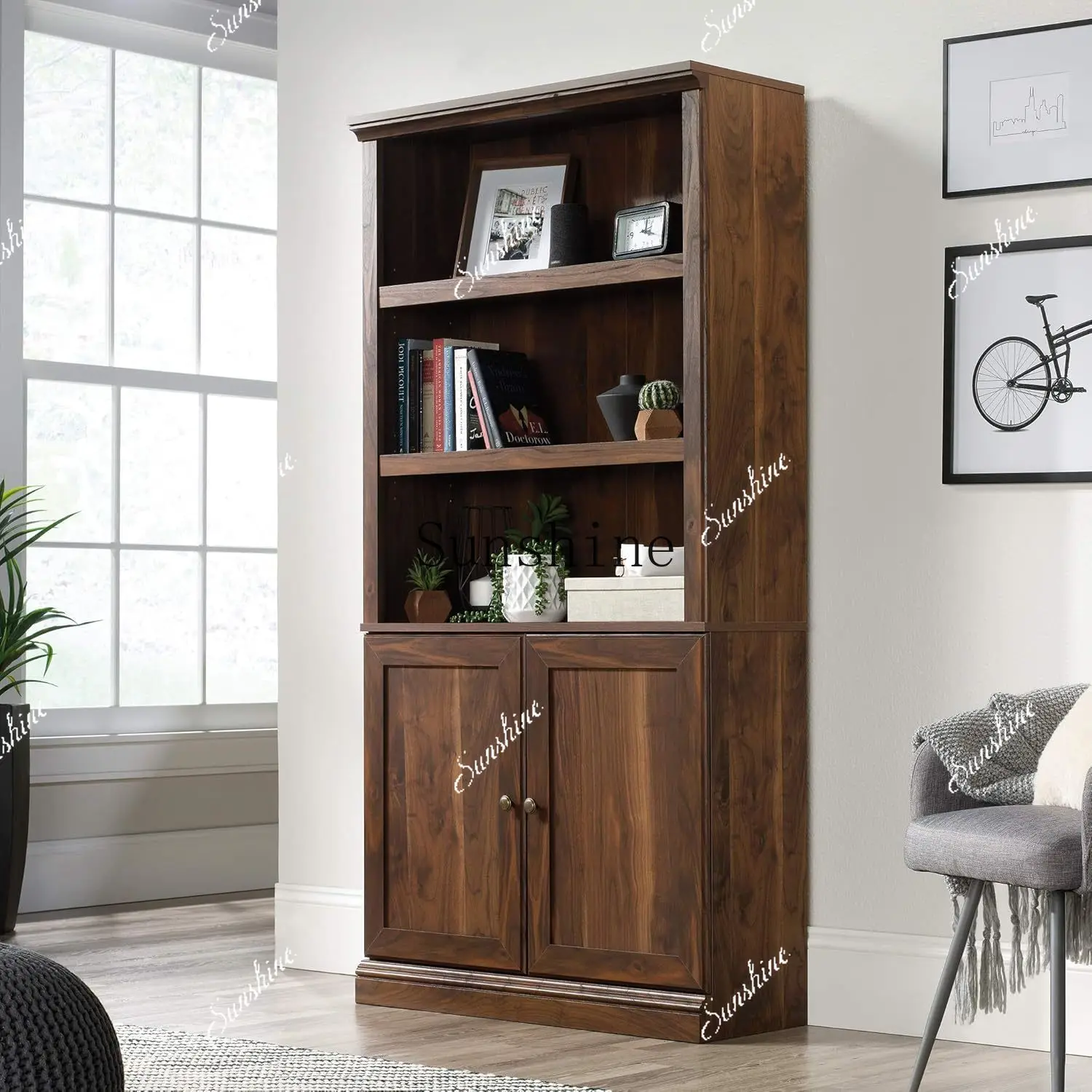 

American rural solid wood open bookshelf storage living room home combination display side cabinet FT