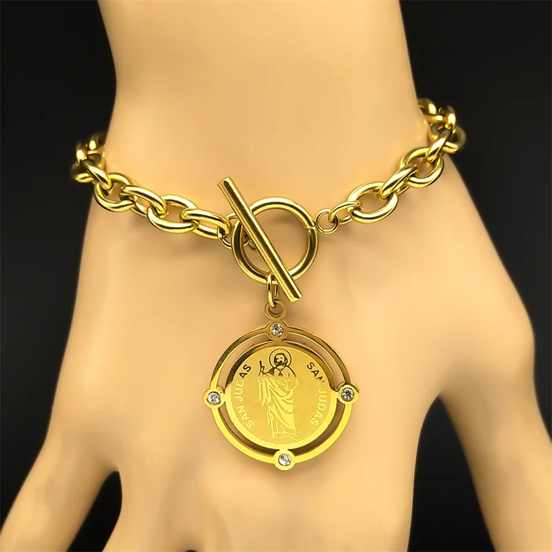 Christian Rhinestone San Judas Tadeo Pendant Necklace Bracelets Sets for Men Women Stainless Steel Gold Color Jewelry Gifts