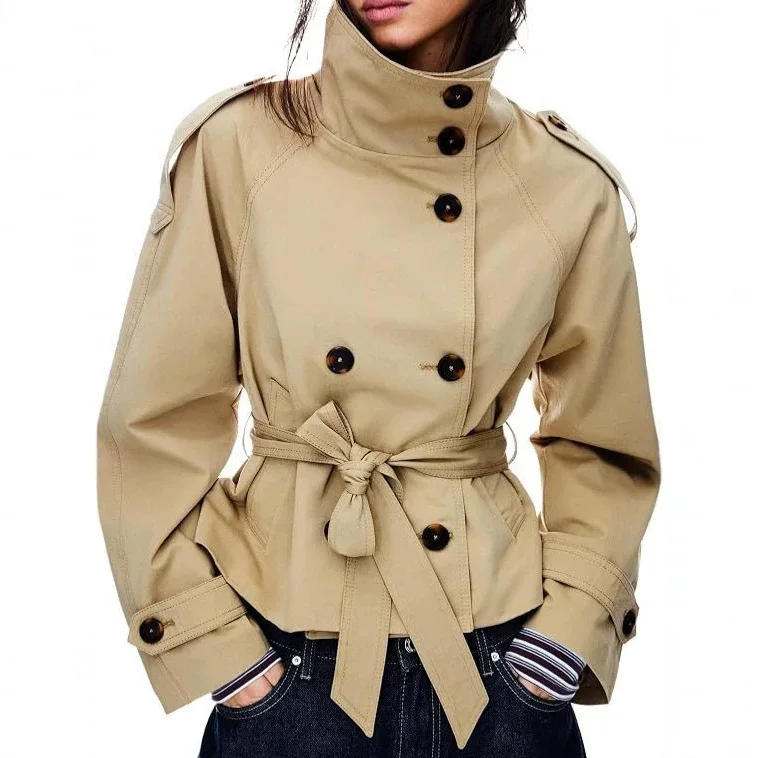 Belted Waist Cropped Trench Jackets Women Double Breasted Stand Collar Coats 2025 Autumn Chic Casual Vintage Jacket Women Cloth