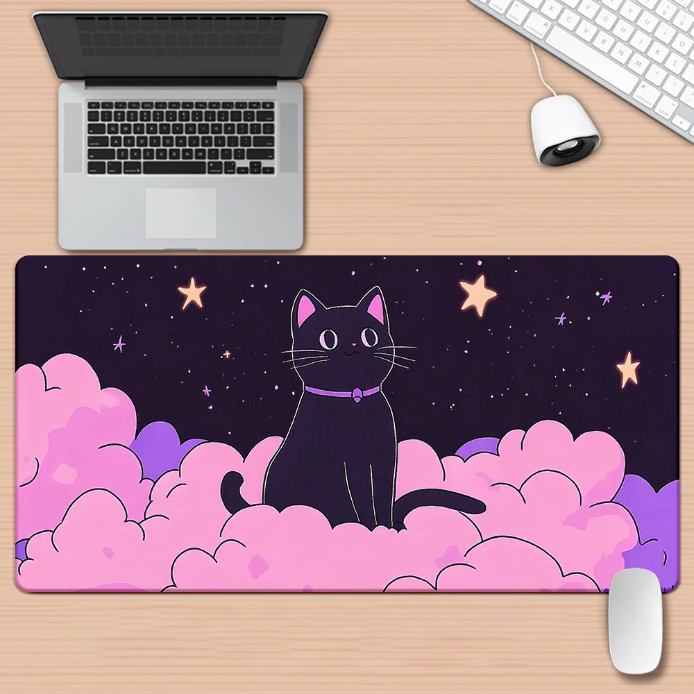 Cute Black Cat Night Sky Cloud Desk Mat Extra Large Gaming Mouse Pad Soft Rubber Base Office Workspace Decor