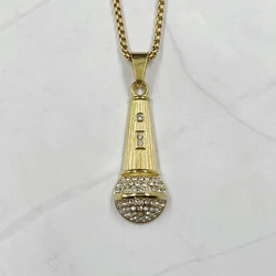 Rapper Microphone Stainless steel Necklace Pendant Men Women Gold Color Rhinestone Necklace Shellhard Hip Hop Jewelry