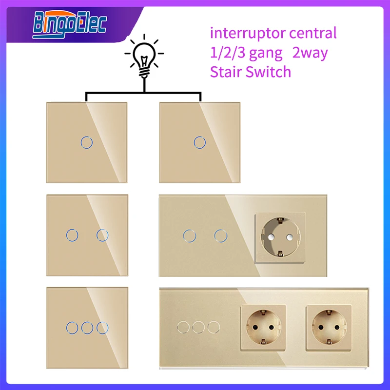 Bingoelec Gold Stair Switch 1Gang 2Gang 3Gang 2way Switch with EU Socket Power Socket with Touch Light Switches Glass Panel Wall