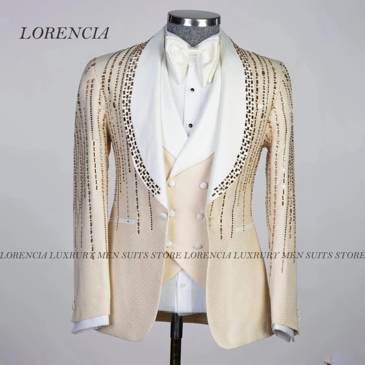 

Customized Double Breasted Diamond Men Suits Crystal 3 Piece Groom Wear Tuxedos Ropa Hombre Shawl Lapel Wedding Prom Blazers