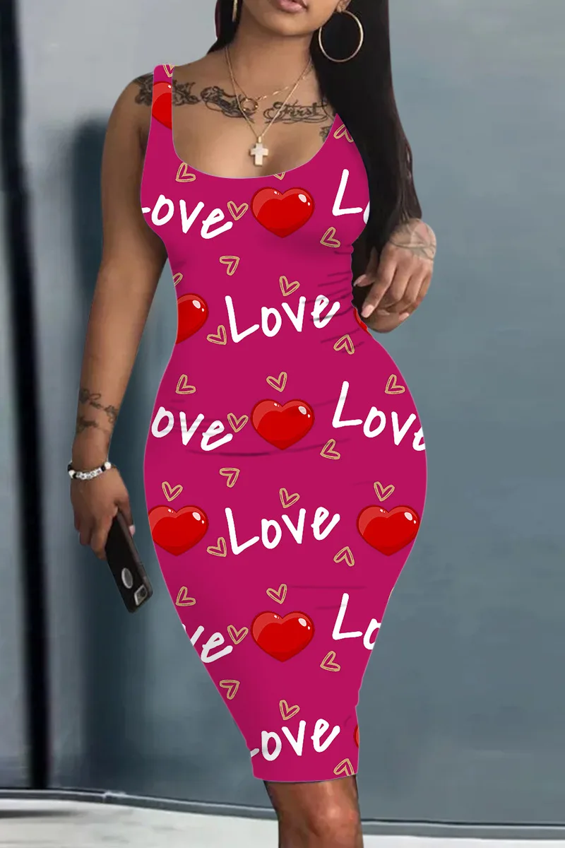 Платье Женское Plus Size Summer Women\'s Dress Large Size Contrast Heart Print U-Neck Sleeveless Casual Bodycon Mini Dresses