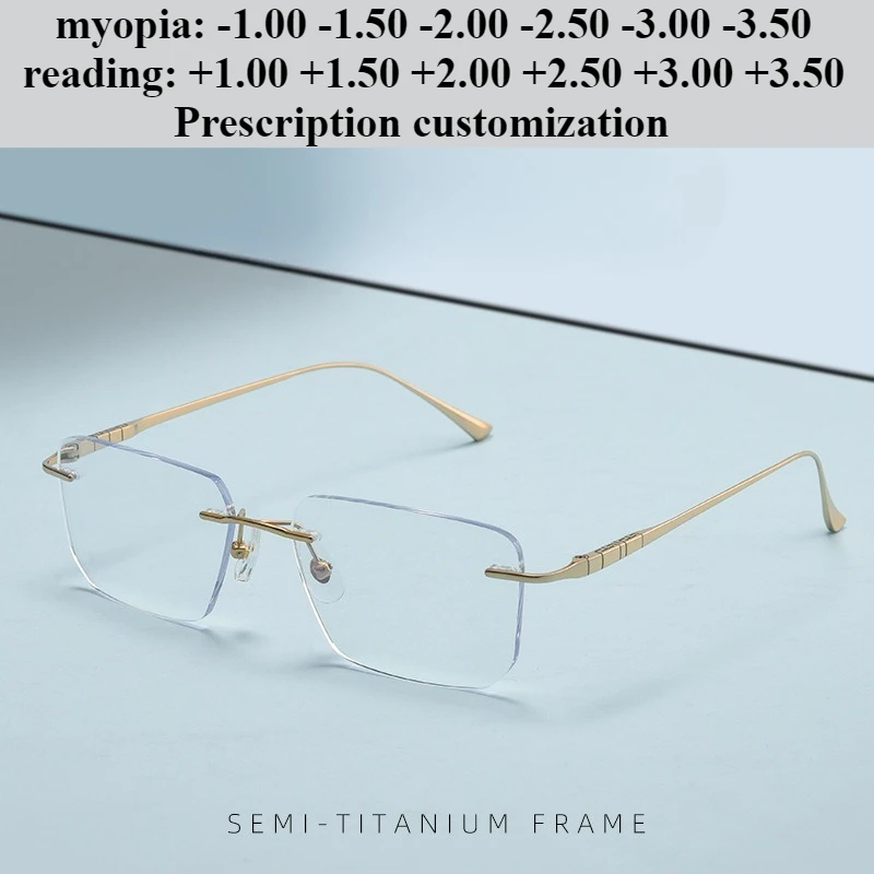 

55mm Ultra-light Men's Rectangular Pure Titanium Rimless Prescription Glasses Frame Custom Anti-blue Light Reading Glasses +2.00