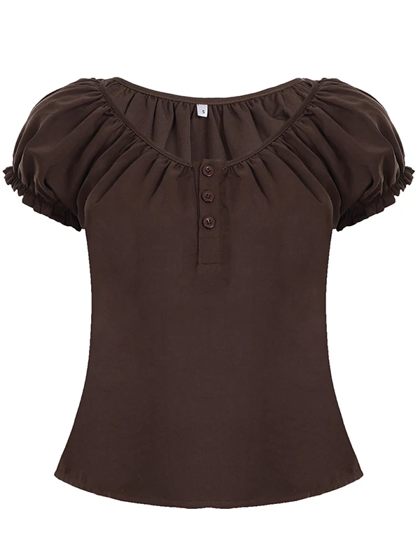 Romore 韓国風レトロ T シャツ バブルスリーブ プリーツ ラウンドネック ブラウン T シャツ ボタン カジュアル 多用途 トップス レディース ファッション