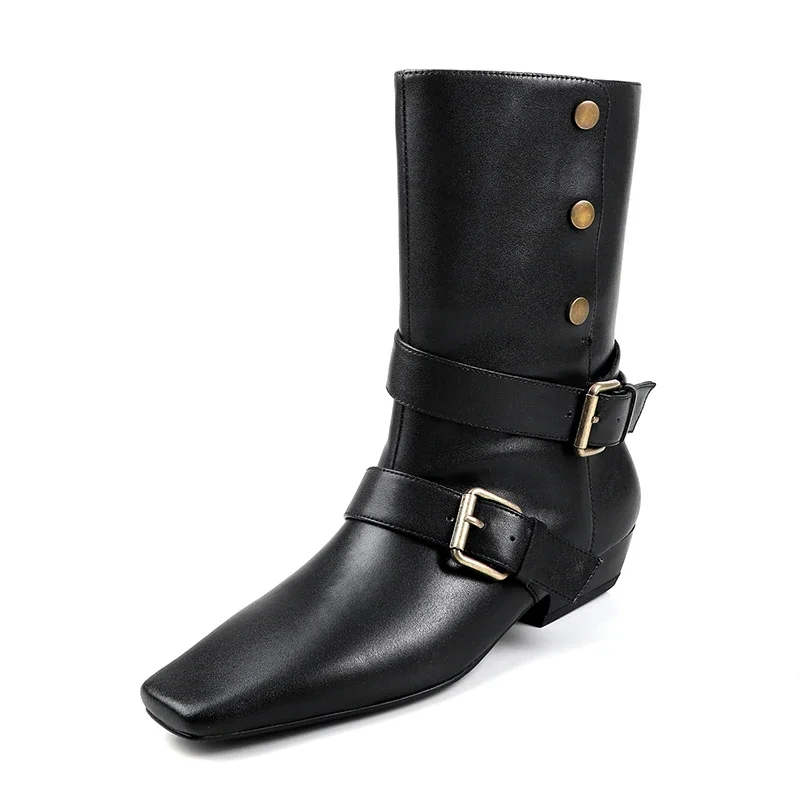 

Luxury Square Toe Ankle Boots Designer Women Heels 2025 Autumn New Split Leather Shoes Party Goth Chelsea Botas Mujer Zapatillas