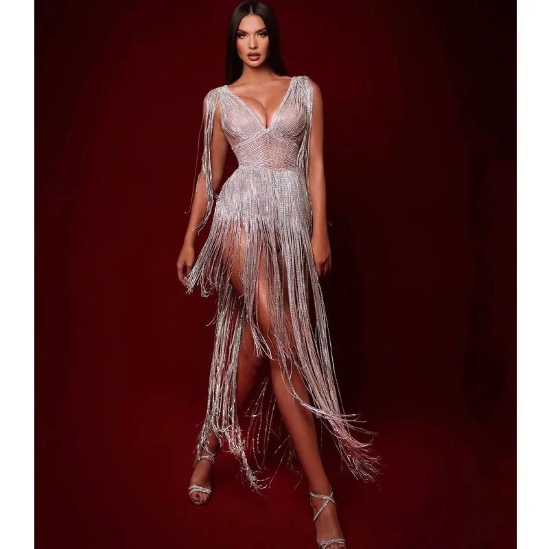 

2025Новое поступление, женское платье, сексуальное платье DeepV, роскошное платье со стразами и кисточками, вечернее платье высокого класса для ужина