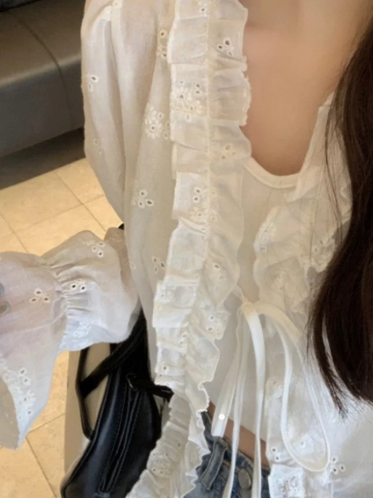 

Korean Style Long Sleeve V-Neck Lace Shirt Women's Sundress Belted Sun Protection Outerwear Casual Fashion Set Polyester Fabric