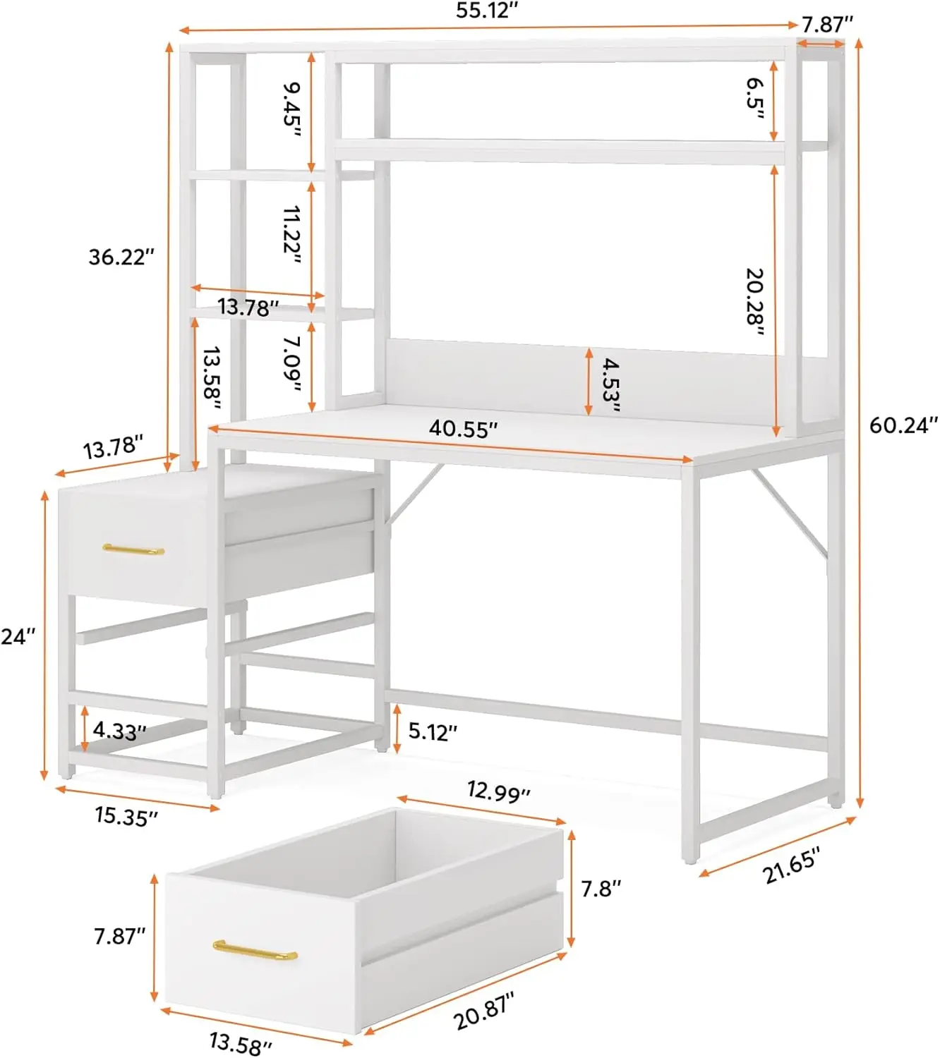 55 Inch Computer Desk with 2 Drawers and Storage Shelves, Rustic Office Desk with Hutch, Study Writing Gaming Laptop Workstation