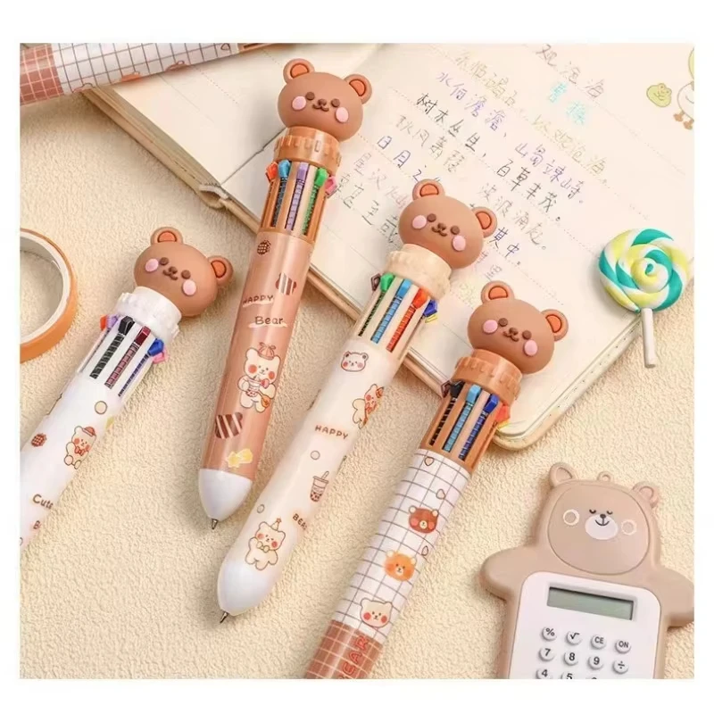 Caneta esferográfica fofa de urso, caneta esferográfica multicolorida em 10 cores para estudantes, material de papelaria para escritório, aprendizagem, conta manual