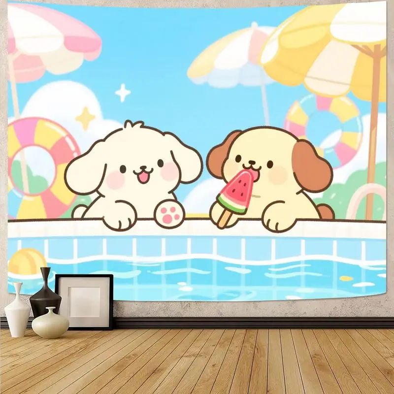 

1PC Kawaii Cute Dogs Swimming Pool Tapestry, Aesthetic Cartoon Polyester Wall Art for Kids Girl Bedroom Dorm Decor, Summer Fun G