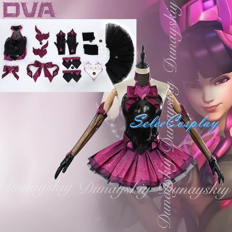

OW Watch Your Butt Game D VA Cosplay Magical Girl Pink Purple Dress Black purple Gradient Wig Full Suit