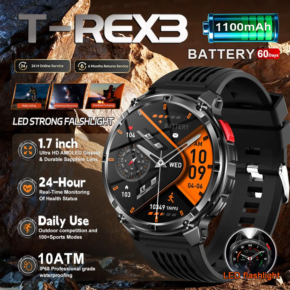 

2025 New Military Grade 1100mAh Battery Smart Watch IP68 Waterproof Compass Bluetooth call AMOLED HD Men 100+Sports Smart watch