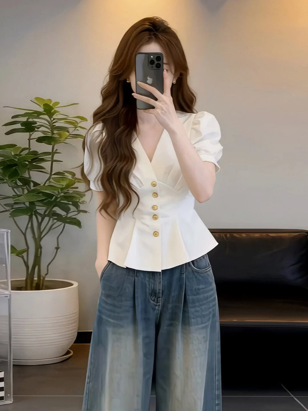 

Elegant White Collar Bubble Sleeve Shirt Women's Summer plus Size Beautiful Versatile Shirt Korean Style Commute Bubble Sleeve