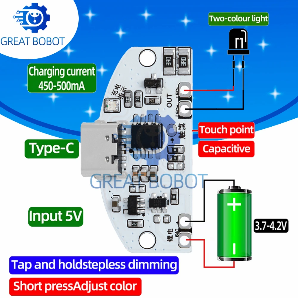 Печатная плата настольной лампы BOBOT Type-C, зарядка через USB, трехступенчатое бесступенчатое затемнение, светодиодный сенсорный небольшой модуль управления ночником