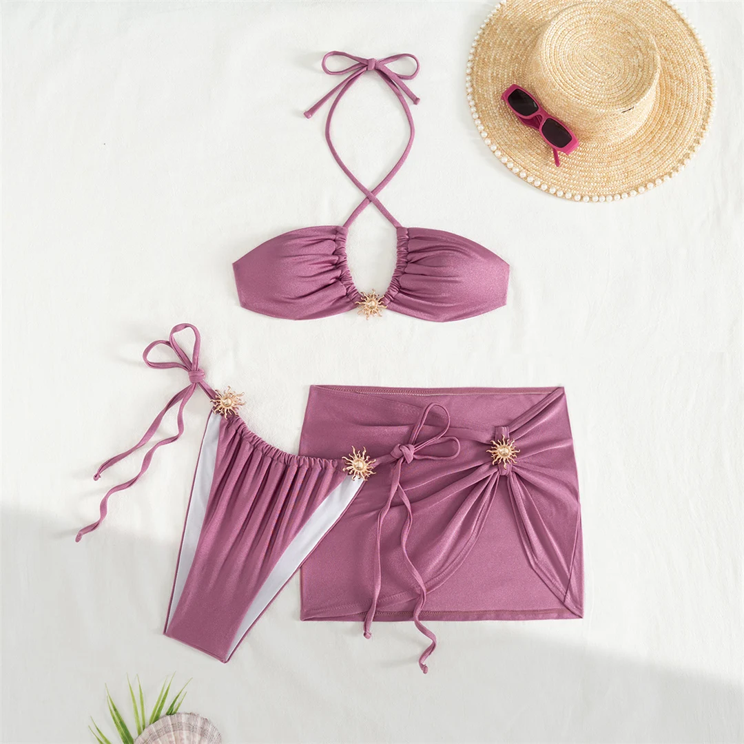 Neuer schwarzer, sexy Bikini mit Rock, Neckholder-Bikini, Damen-Badeanzug, dreiteiliges Bikini-Set, Badebekleidung, Badeanzug, Schwimmbekleidung V6398B – Detail 17