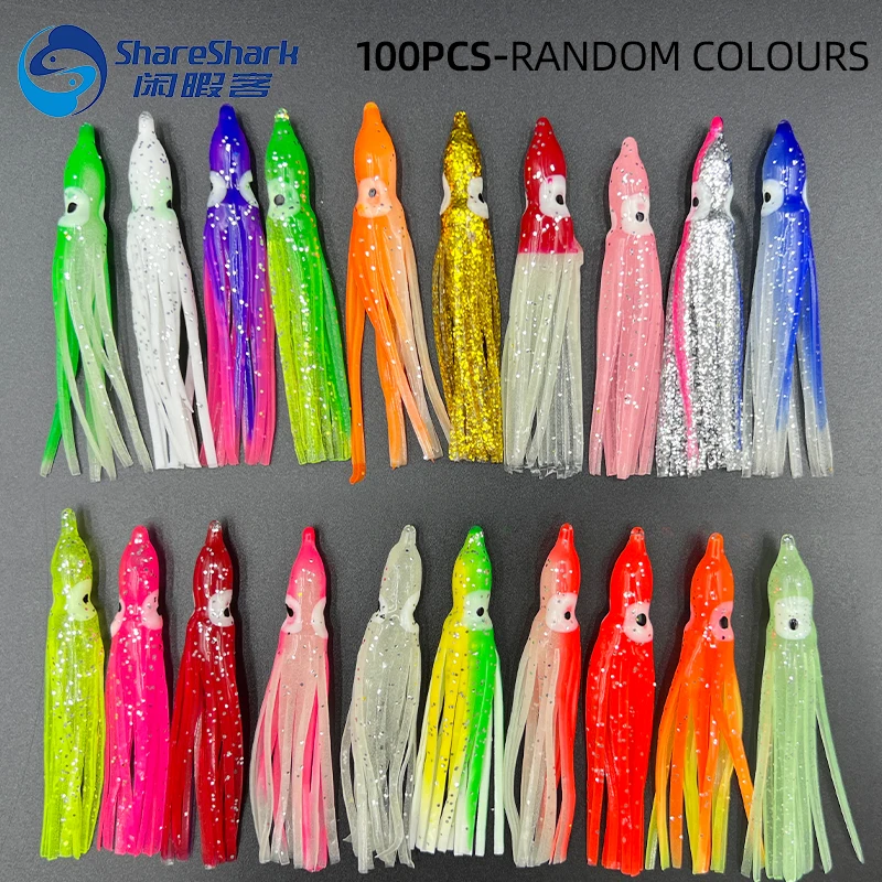 100PCS 5-12cm 20 Mixed Color Glowing Squid Fishing Lure Soft Rubber Octopus Squid Skirt Bait Sea Bass Tuna  Carp Fishing