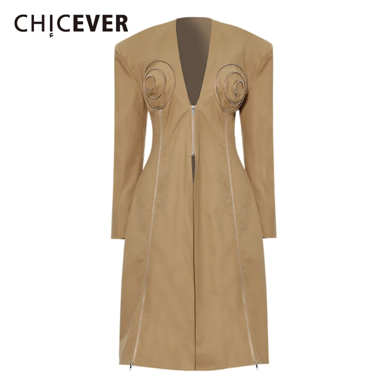 

CHICEVER Sexy Patchwork Zipper Design Trench for Women Deep Neck Long Sleeve High Waist Slimming Split Mid Coats Female Spring