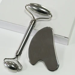 2pcs Face and Eye Stainless Steel Heart-shaped Scraping Board with Dual Roller Massager Muscle Massage Beauty and Skincare Tool