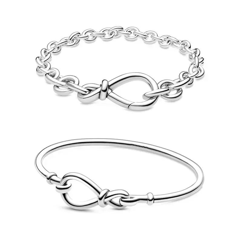 New 100% 925 Sterling Silver pretty Charms Chunky Infinity Knot Chain Bracelet Infinity Knot Bangle For Women DIY Gift