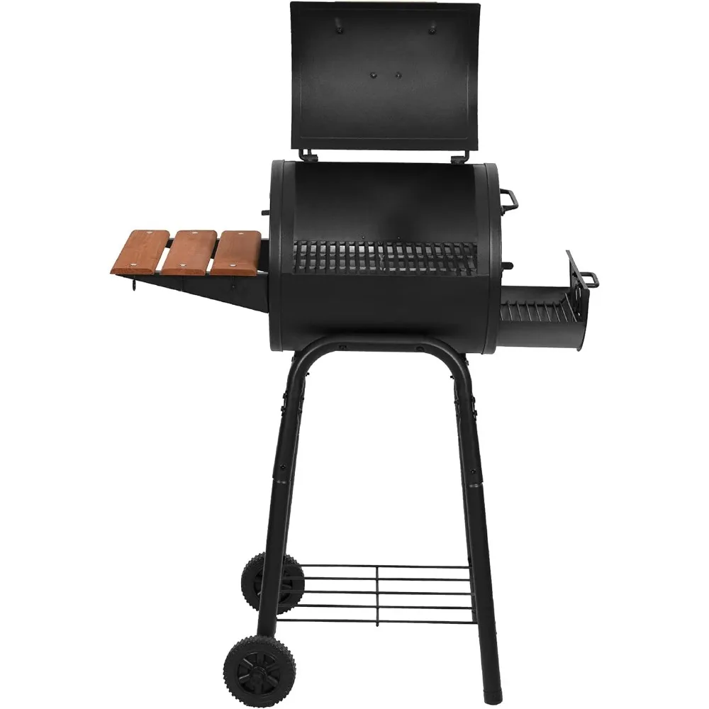 Charcoal Grill and Smoker with Cast Iron Grates, Premium Wood Shelf and Damper Control, 250 Cooking Square Inches in Black