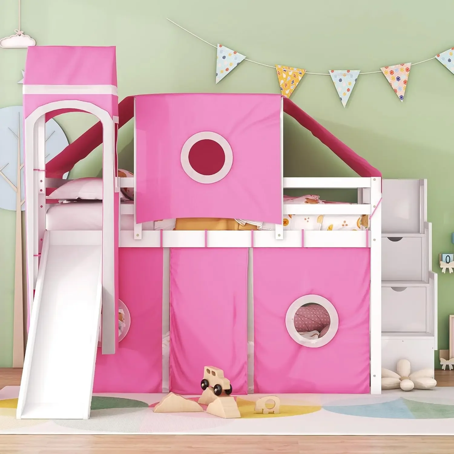 Harper & Bright Designs huishoogslaper met glijbaan en opbergtrap, houten kinderhoogslaper met tent en toren, speelhuiszolder