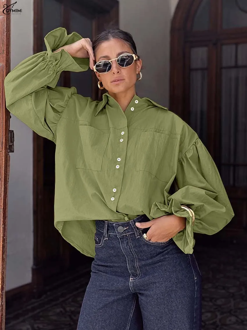 Oymimi Elegant Green Cotton Women Shirts Fashion Turn-Down Collar Long Sleeve Loose Shirts Casual Single Breasted Pockets Shirt