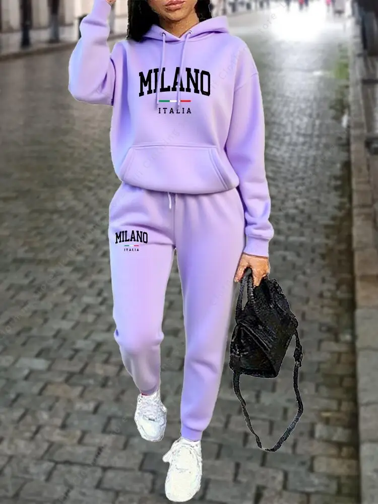 MILANO Hosen-Sets für Damen, hochwertige Sweatshirt-Sweatpants-Kapuzenjacke, 2-teiliges Herbst-Winter-Outfit, Damen-Trainingsanzug – Detail 7