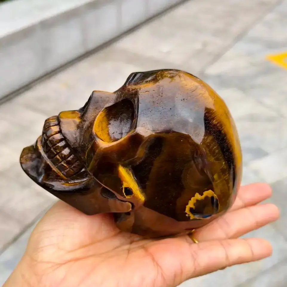 Natural Yellow Tiger's Eye Skull, Quartz Crystal Tiger's Eye Rock, Carved Skull, Mineral Healing
