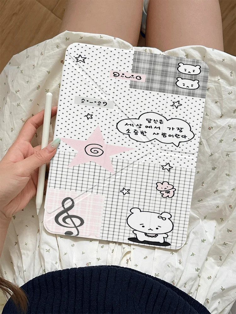 Cute Kawaii Bear Grid Star Tablet Case for Honor X8A X9 X8 Pro V9 V8Pro 8 9 10 Pro GT Pro MagicPad2 11 11.5 12 12.1 12.3