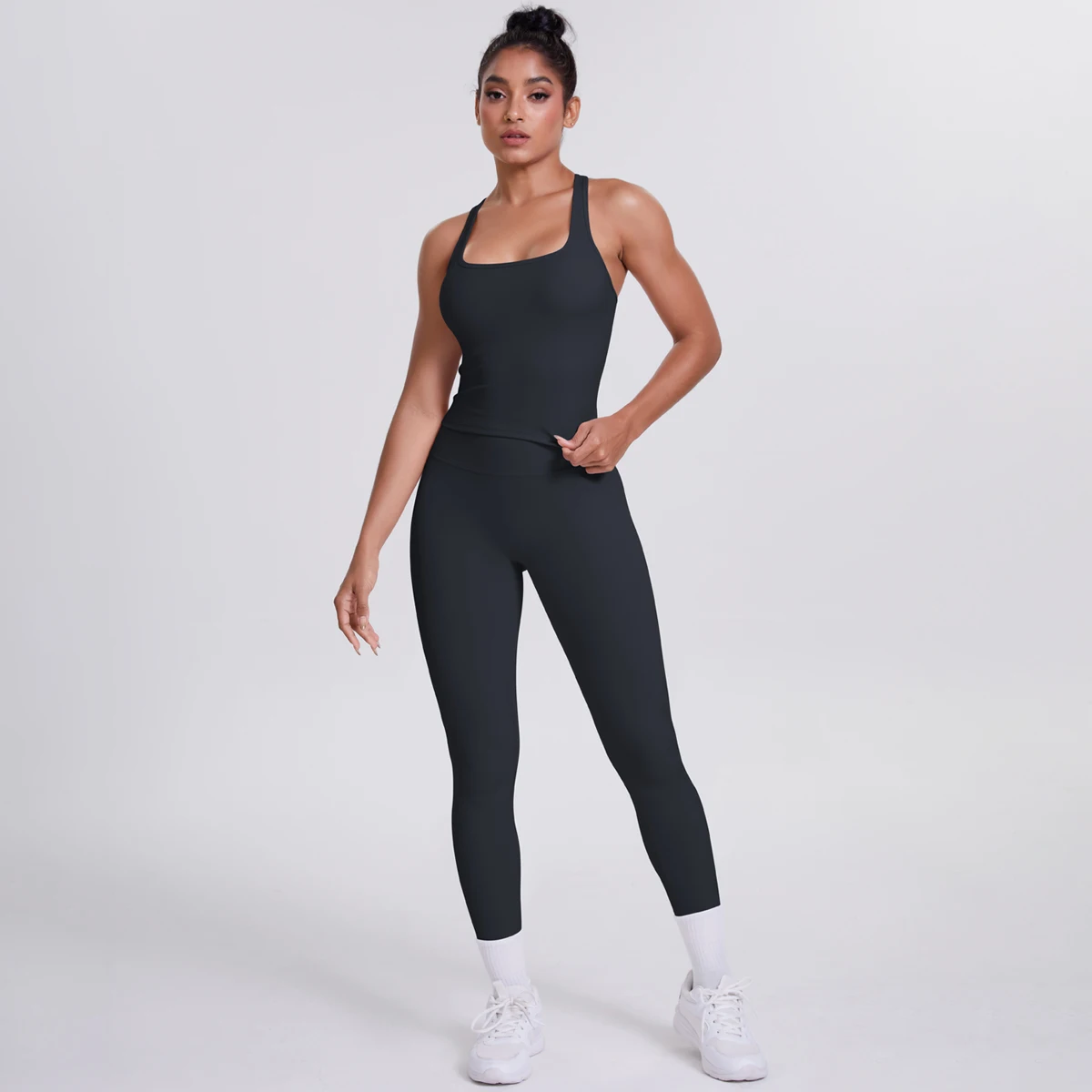 Hamidou 2-teiliges Damen-Yoga-Set, schnell trocknende, hüftformende Fitnesshose, Yoga-Leggings, einfarbig, Gym, schöner Rücken, I-förmige Weste – Detail 14