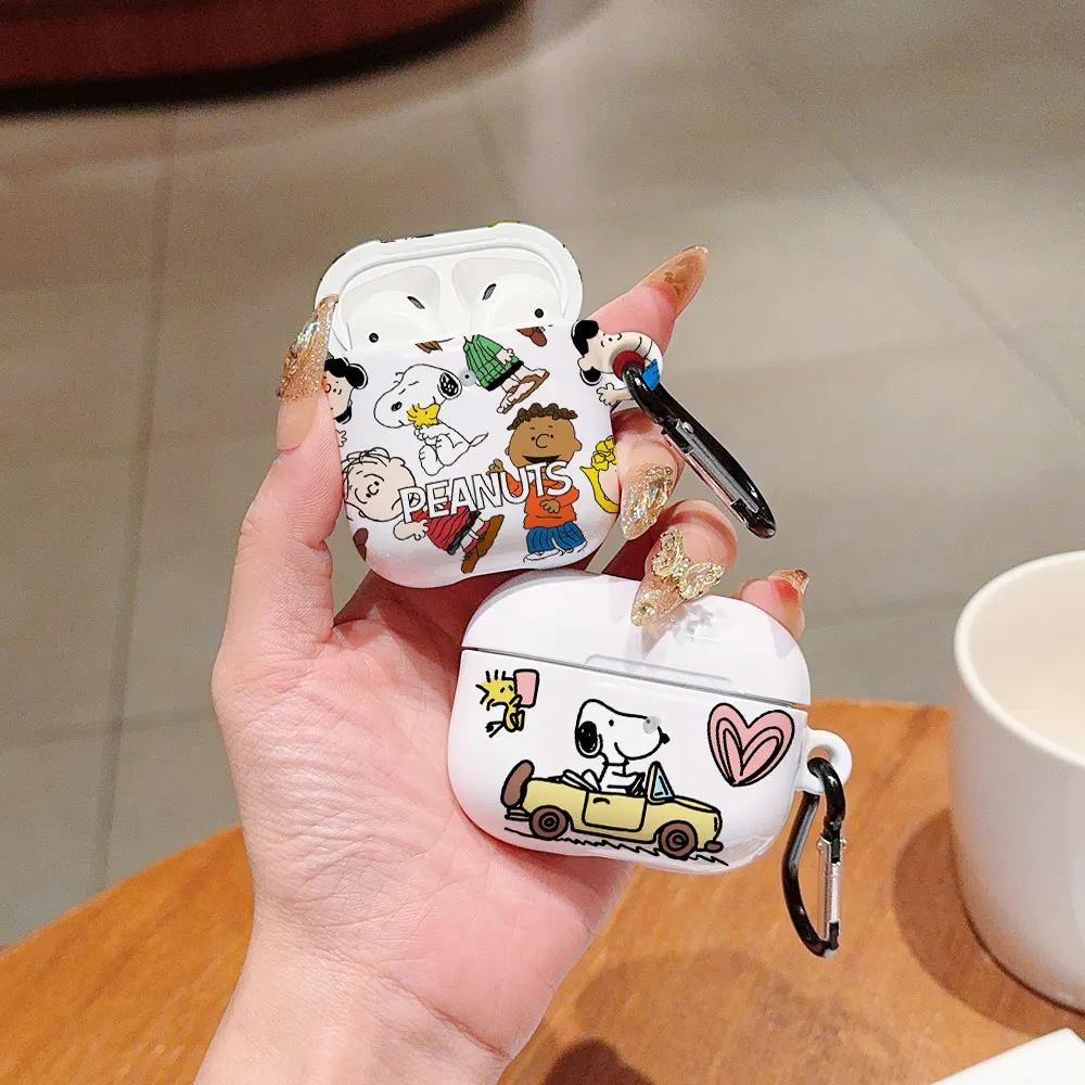 Cute Cartoon S-Snoopys Shockproof Protective Glossy HD Hard PC Earphone Cover Case For AirPods 1 2 3 4 Pro Pro2 with Metal Hook