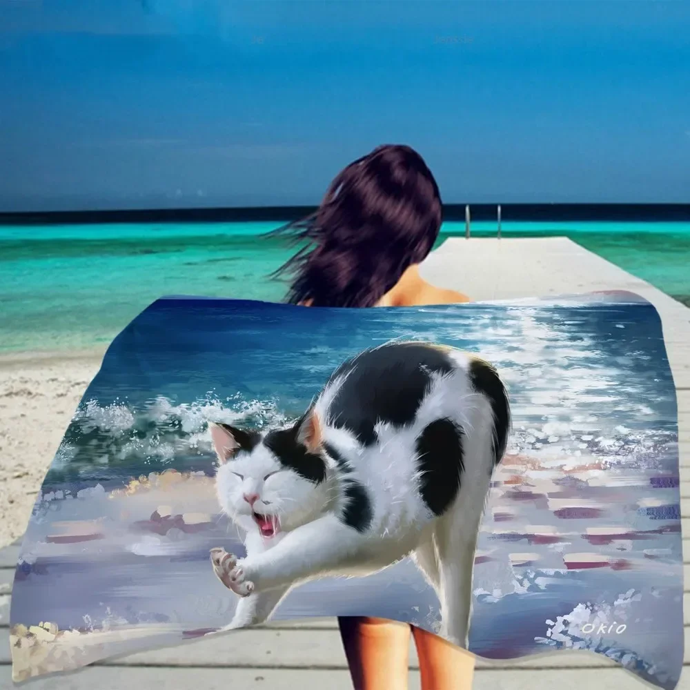 Lovely Fat Cat Animals Beach Towel Summer Microfiber Bath Towel for Girls Boys Gift Dry Quick Home Decor Travel Picnic Yoga Mat