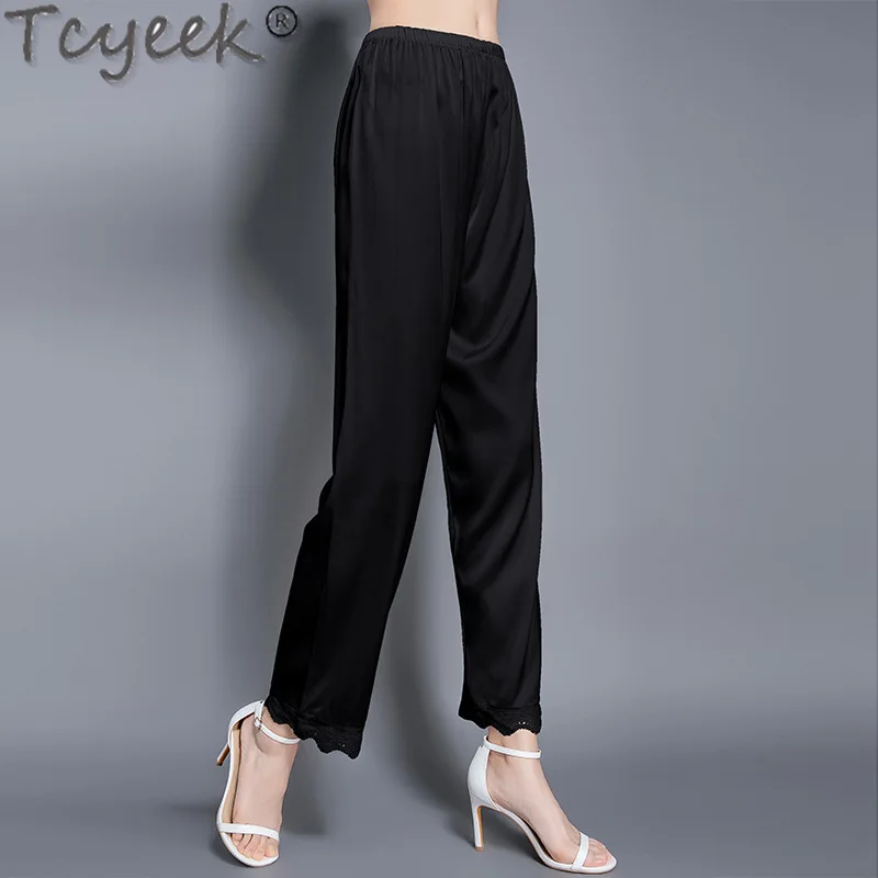 

Tcyeek 19Mm Mulberry Silk Summer Pants 2024 Thin Style Wide Leg Pants for Women High Waisted Ankle-length Pants Woman Trousers