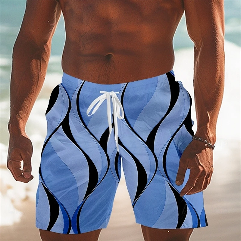 

Wave Art Stripes Men's Beach Shorts Simple Leisure 3D Print Graphic Loose Drawstring Football Sport Summer Fashion Swim Trunks