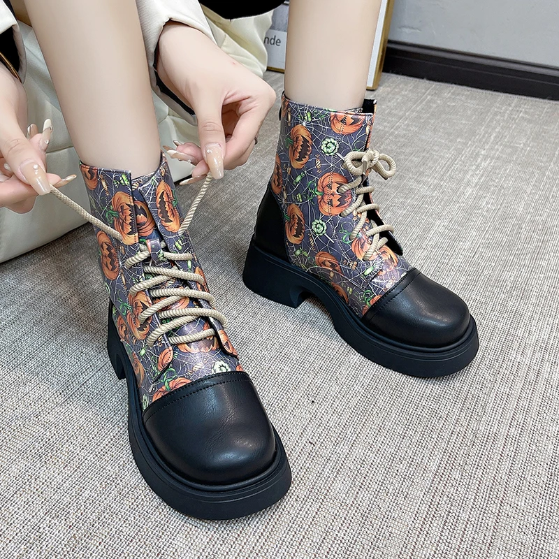 Pumpkin Print Chunky Heels Ankle Boots Women 2024 Autumn Winter PU Leather Booties Woman Fashion Lace Up Platform Combat Boots