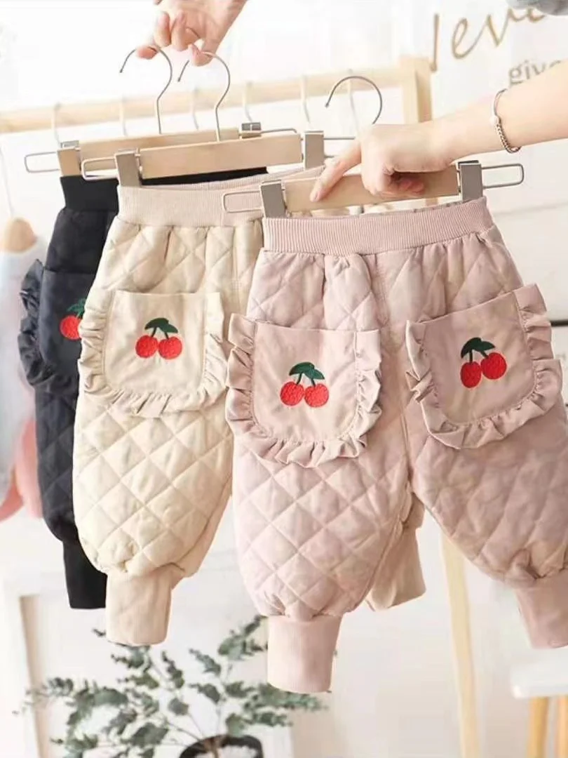 

Утепленные бархатные теплые хлопковые брюки для девочек на зиму, с вышивкой вишневого узора, с высокой талией, прямые