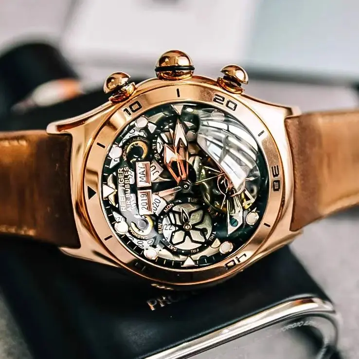 Reef Tiger Men Automatic Watch 44mm Mechanical Wristwatch Dome Mirror Skeleton Multi-Dials Year Month Week Date