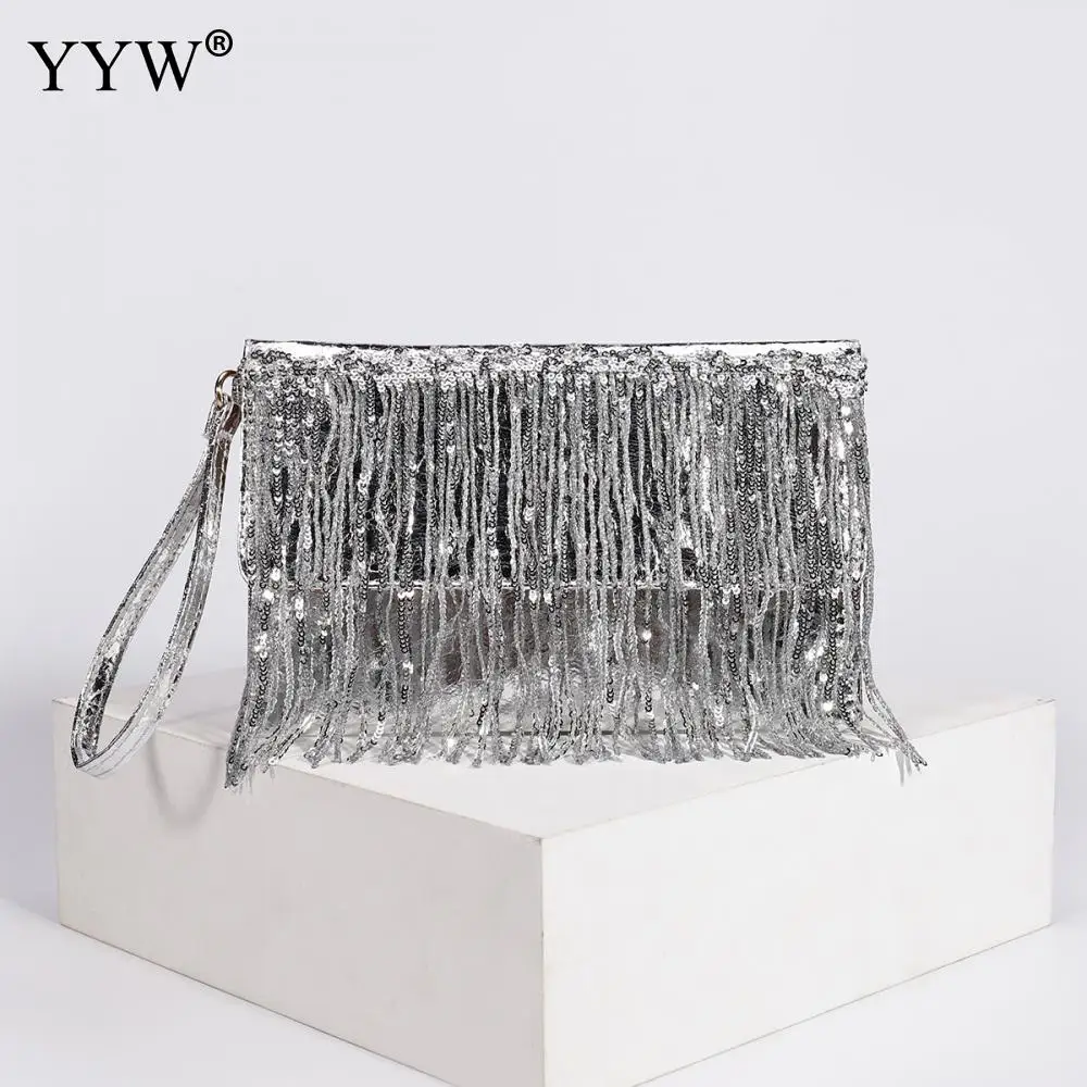 Bolsos de lujo con lentejuelas plateadas para mujer, carteras pequeñas con borlas de diamantes de imitación, cadena elegante, bolso de mano para