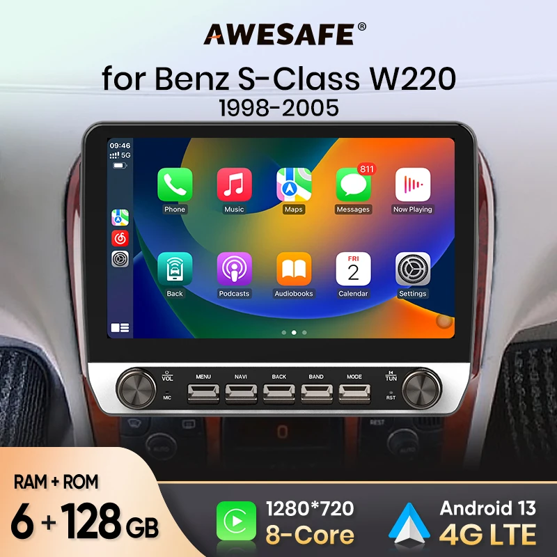 AWESAFE Car Radio for Mercedes Benz S-Class W220 1998 - 2005 Wireless Carplay Android Auto Stereo with Buttons Multimedia GPS 4G