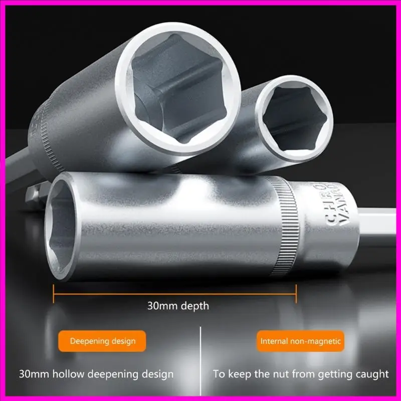 57BE 30mm Deep Hole Socket Wrench 4-14mm Long Bit Socket Nut Driver for Motorcycle or Car Repairs for Quick Changes