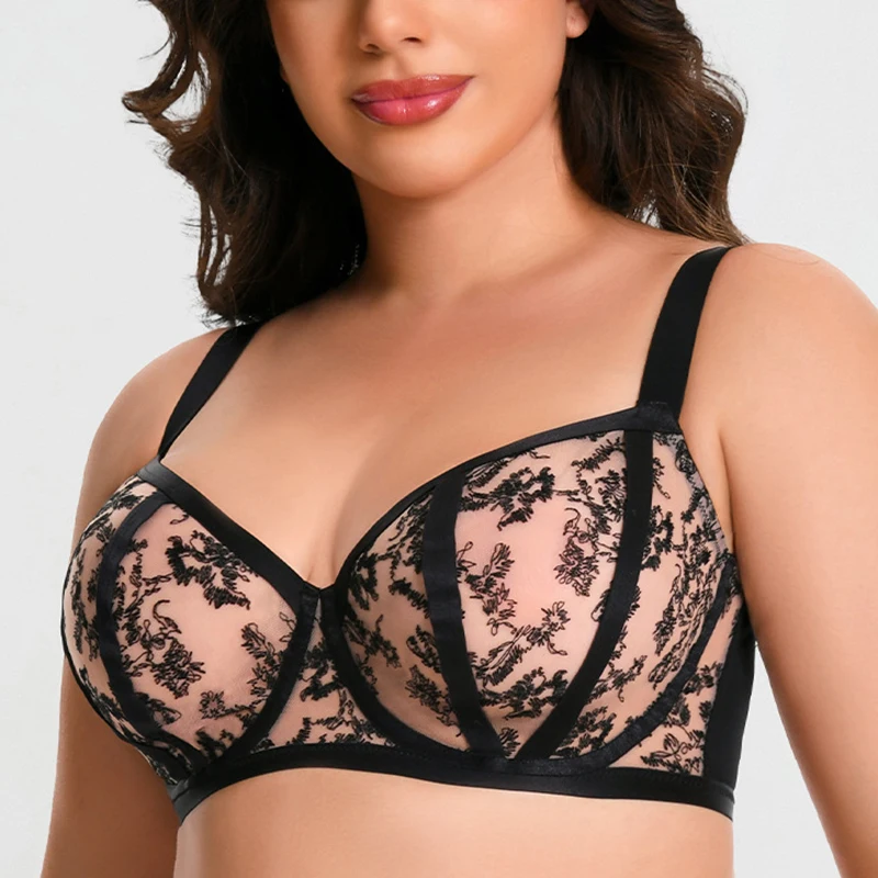 Sexy Womens Lace Sheer Minimizer Bra Non Padded Underwire Female Breathable Plus Size Lingerie 34 36 38 40 42 DD E F FF G — zdjęcie 5