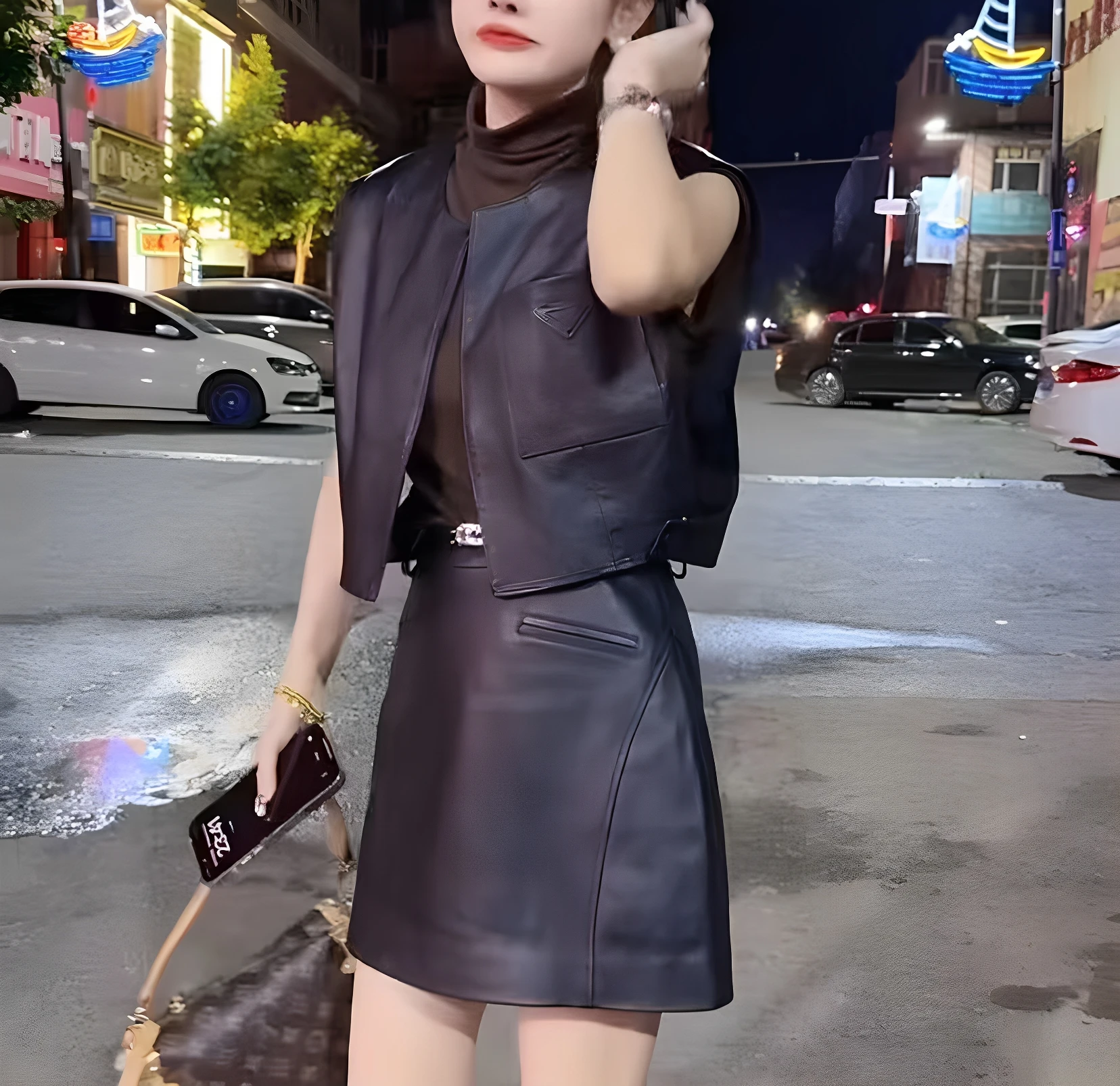 Herbst 2025, neue Sle Damen Faionable Ort Echtleder-Effellweste, Svel-Mantel, rund, Ne Commute Sle