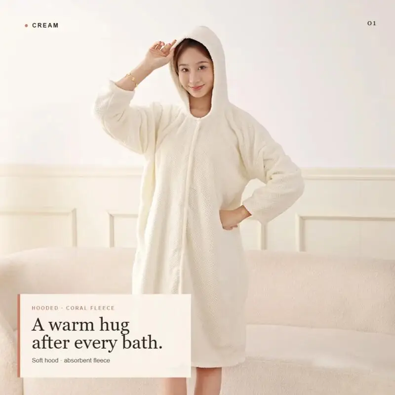 Women Hooded Bath Robe Quick Absorbent Soft Coral Fleece Bathrobe Comfort Soft Spa Robe Loose Home Dressing Gown Shower Beach
