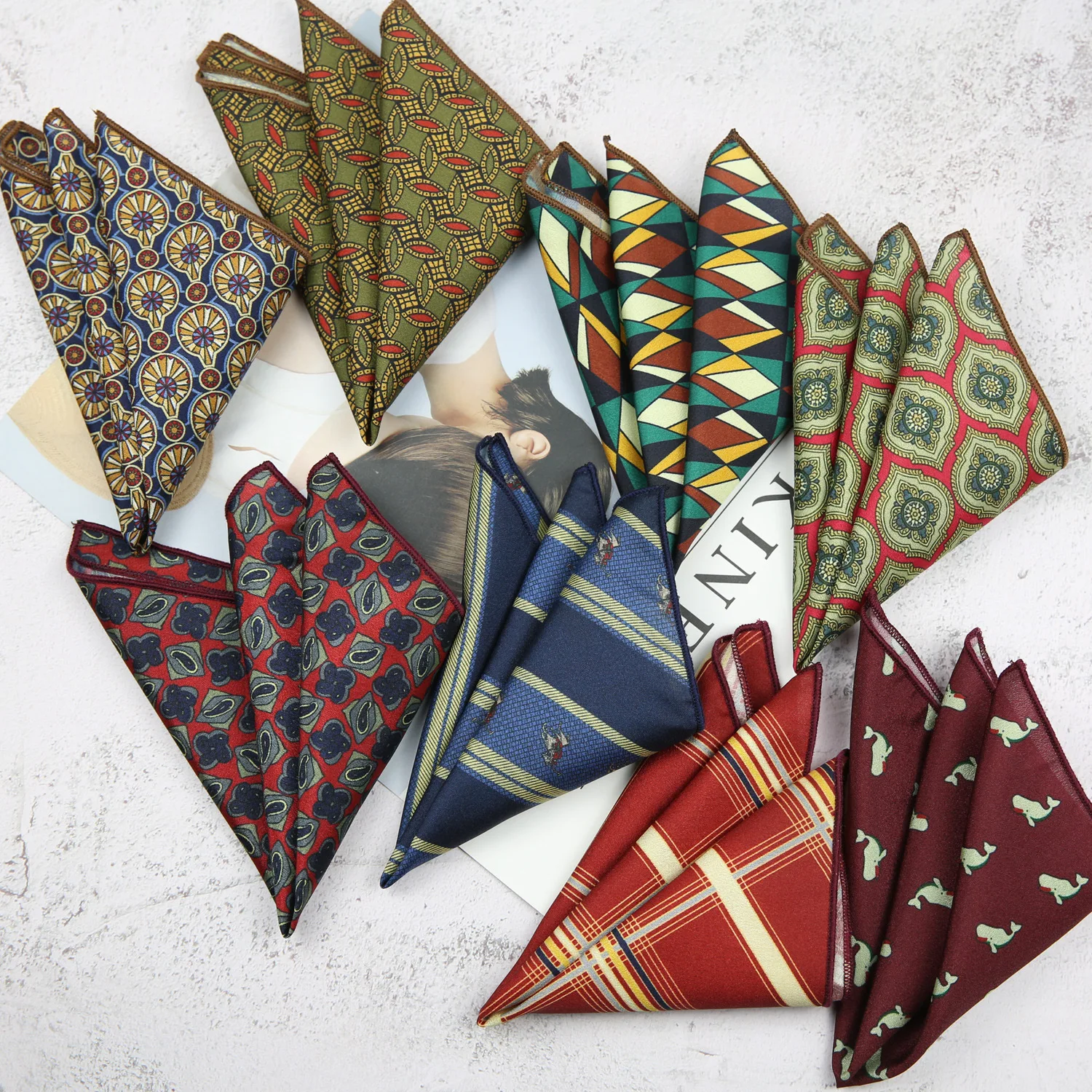 23CM Fashion Leisure Floral Hanky Dark Green Wine Handkerchief for Gentleman Business Formal Suits Pocket Square Halloween Gift