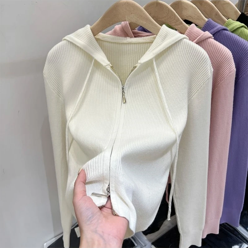 2024 Spring and Autumn Korean Commuter Minimalist Casual Sweater Cardigan Long Sleeve Hooded Solid Color Zipper Women\'s Coat Top