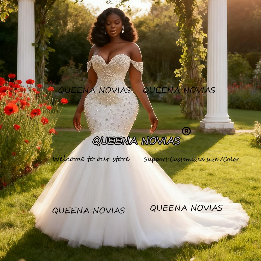 

Exquisite Pearls Beaded Wedding Dresses Customized Sweetheart Mermaid Bridal Gowns Sweep Train Off Shoulder robes mariage 2025
